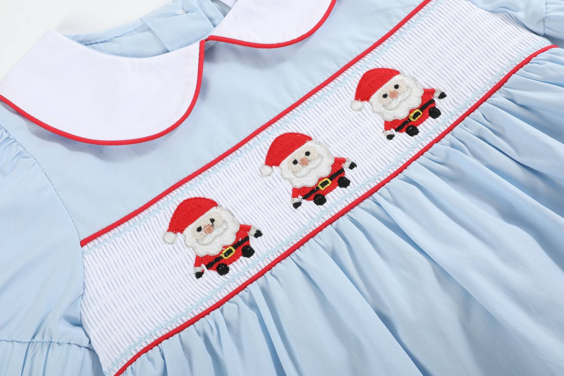 christmas smocked dresses Light Blue Santa Smocked Dress – Peach Tree Lane